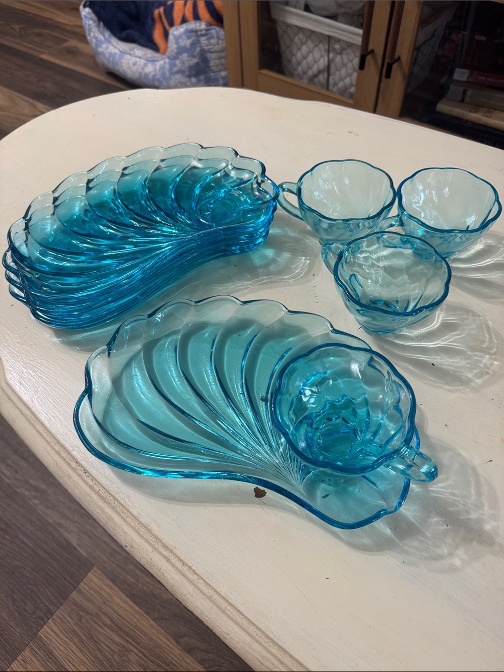 Turquoise Blue Glass Shell Snack Plates with Matching Cups